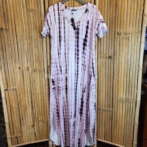 Arolina Maxi Tie Dye Dress w/ Side Slits and Pockets Size Small Purple NEW
